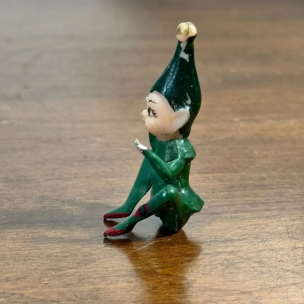 Vintage Japan Christmas Pixie Elf Figurine Green Sitting Knee Hugger Style 2”